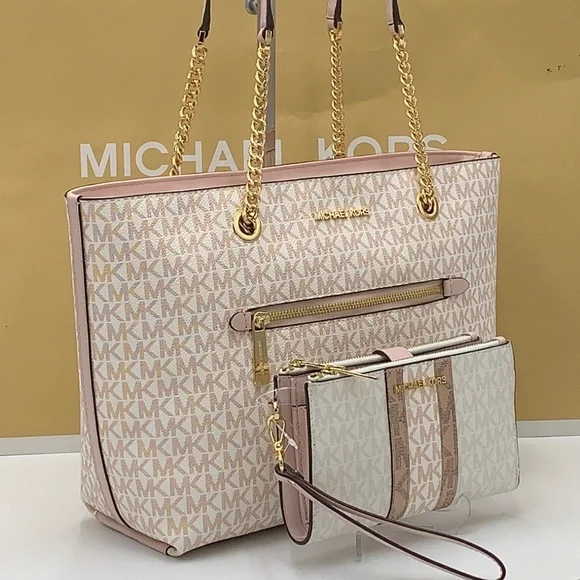 MICHAEL KORS Medium Zip Front Logo Chain Tote Bag & LARGE DOUBLE ZIP WRISTLET - Picture 7 of 16